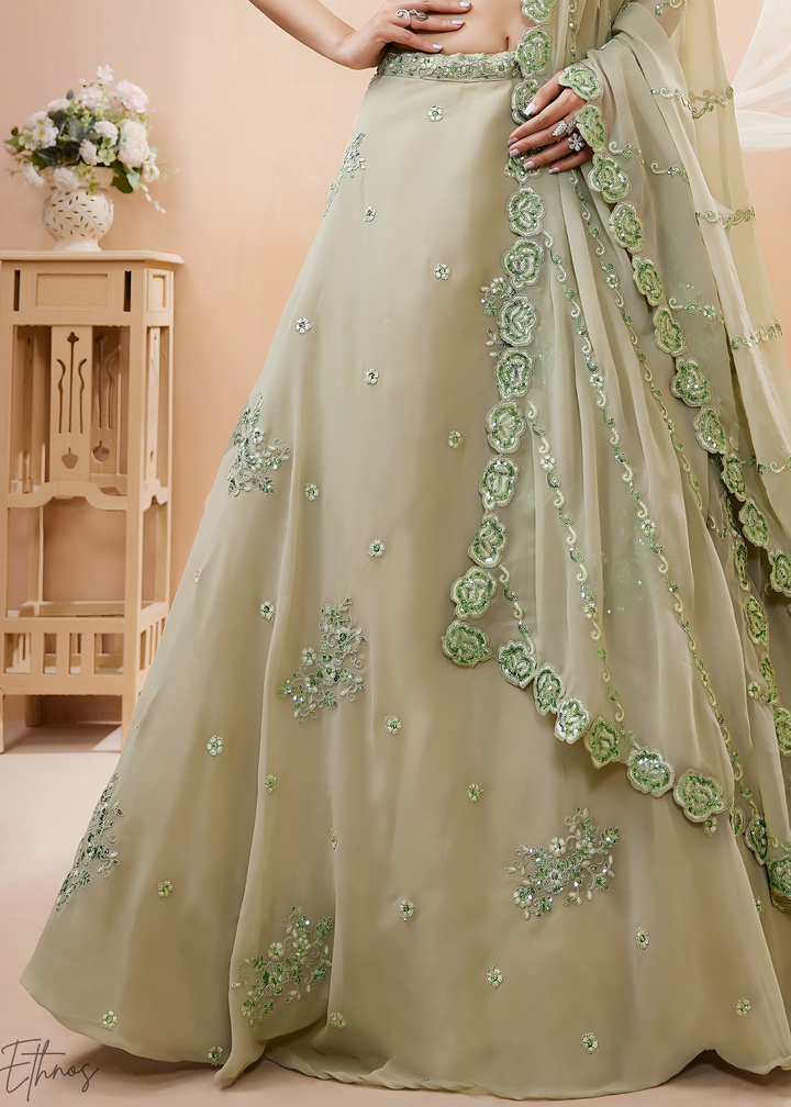 Desert Sage Raised Rosette Georgette Lehenga Choli