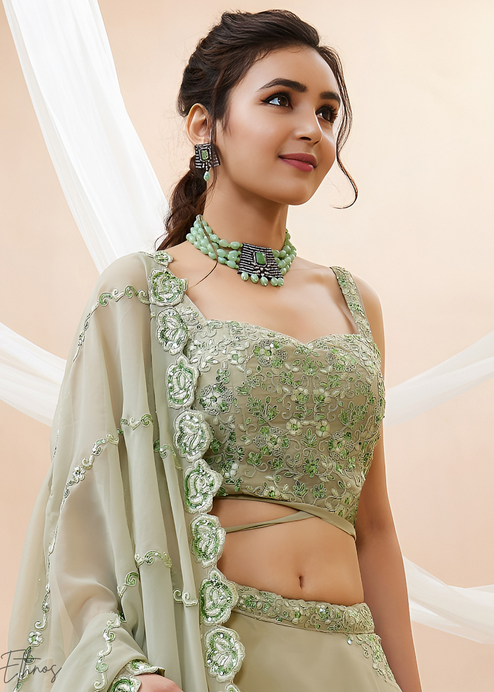 Desert Sage Raised Rosette Georgette Lehenga Choli
