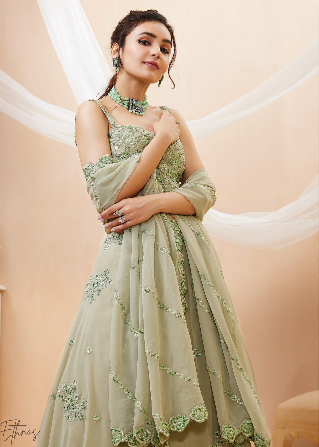 Desert Sage Raised Rosette Georgette Lehenga Choli