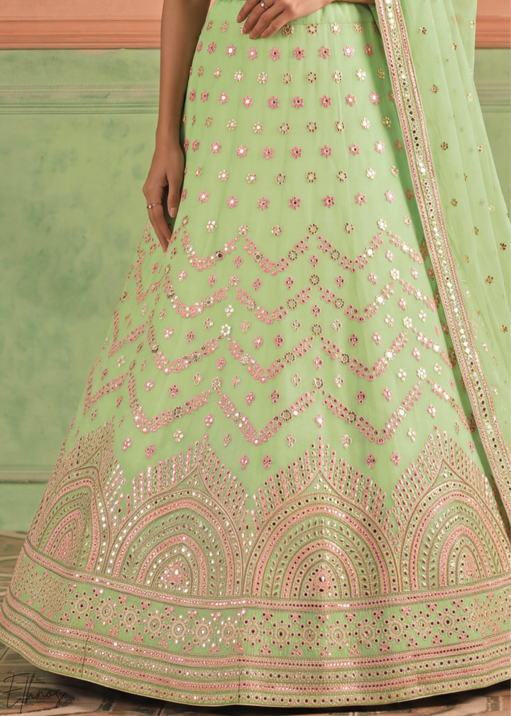 Pastel Green Scalloped Medallion Mirror Embellished Organza Lehenga Choli
