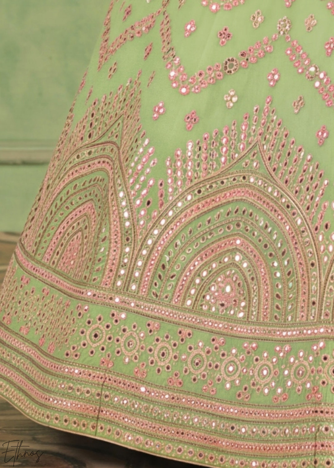Pastel Green Scalloped Medallion Mirror Embellished Organza Lehenga Choli
