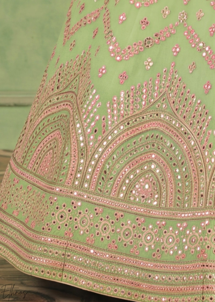Pastel Green Scalloped Medallion Mirror Embellished Organza Lehenga Choli