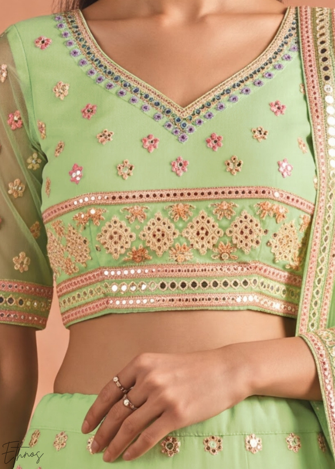 Pastel Green Scalloped Medallion Mirror Embellished Organza Lehenga Choli