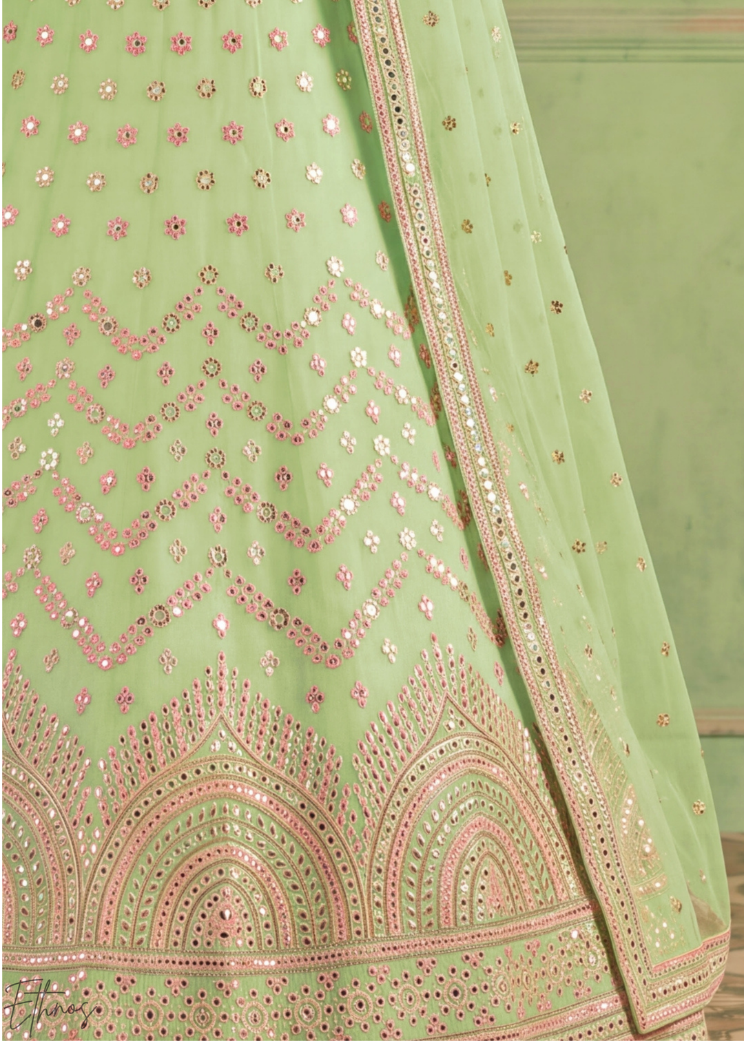 Pastel Green Scalloped Medallion Mirror Embellished Organza Lehenga Choli