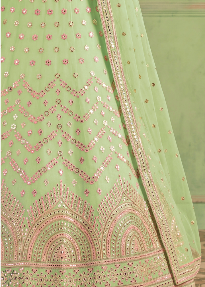 Pastel Green Scalloped Medallion Mirror Embellished Organza Lehenga Choli
