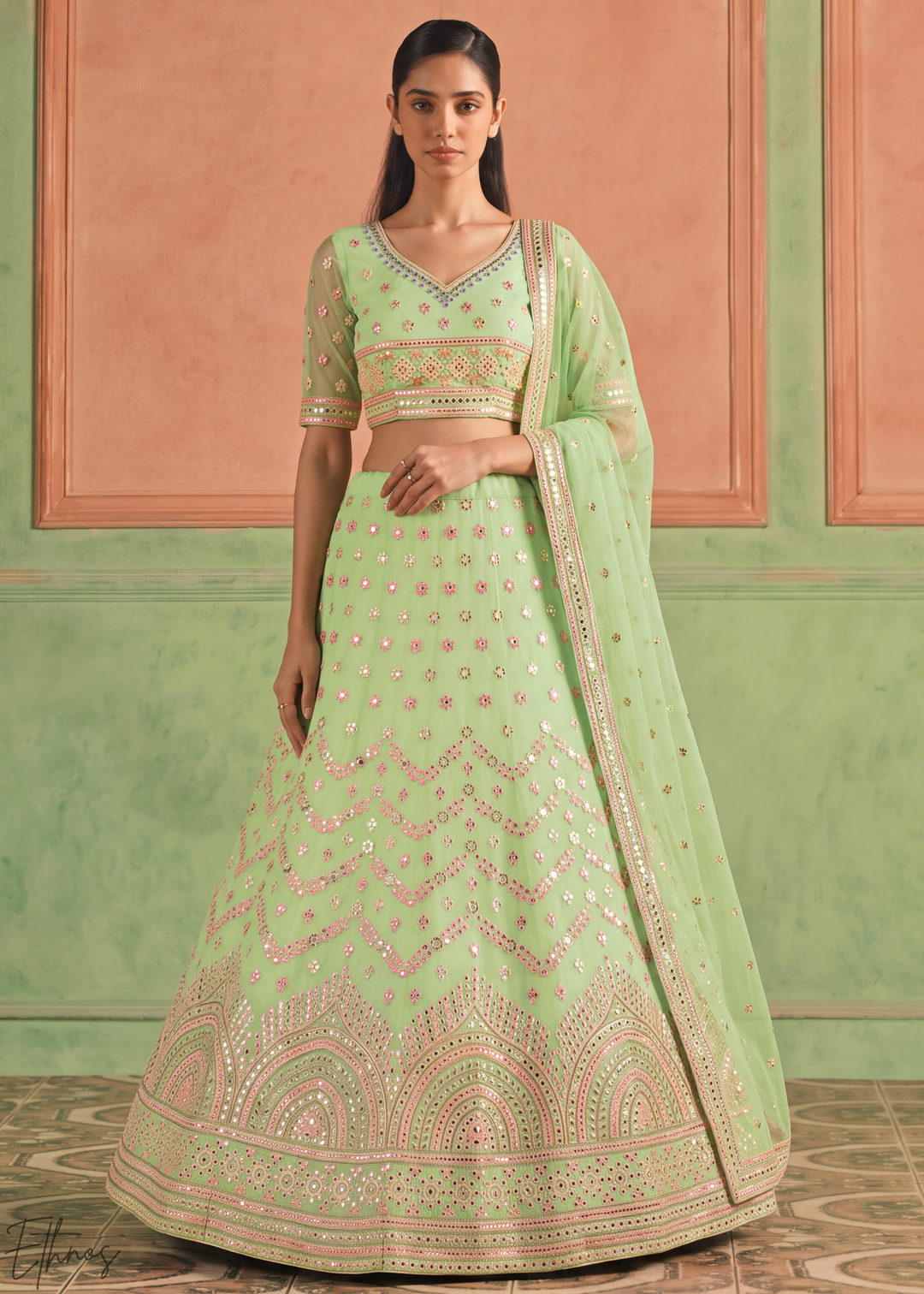 Pastel Green Scalloped Medallion Mirror Embellished Organza Lehenga Choli