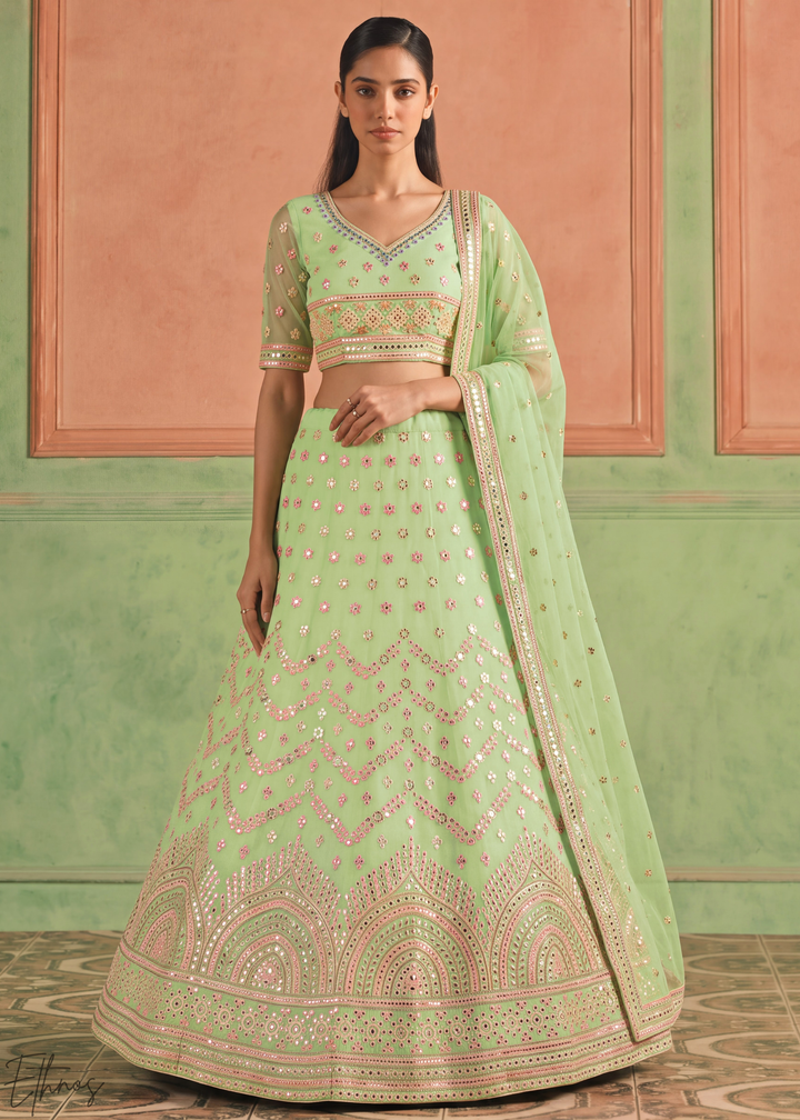 Pastel Green Scalloped Medallion Mirror Embellished Organza Lehenga Choli