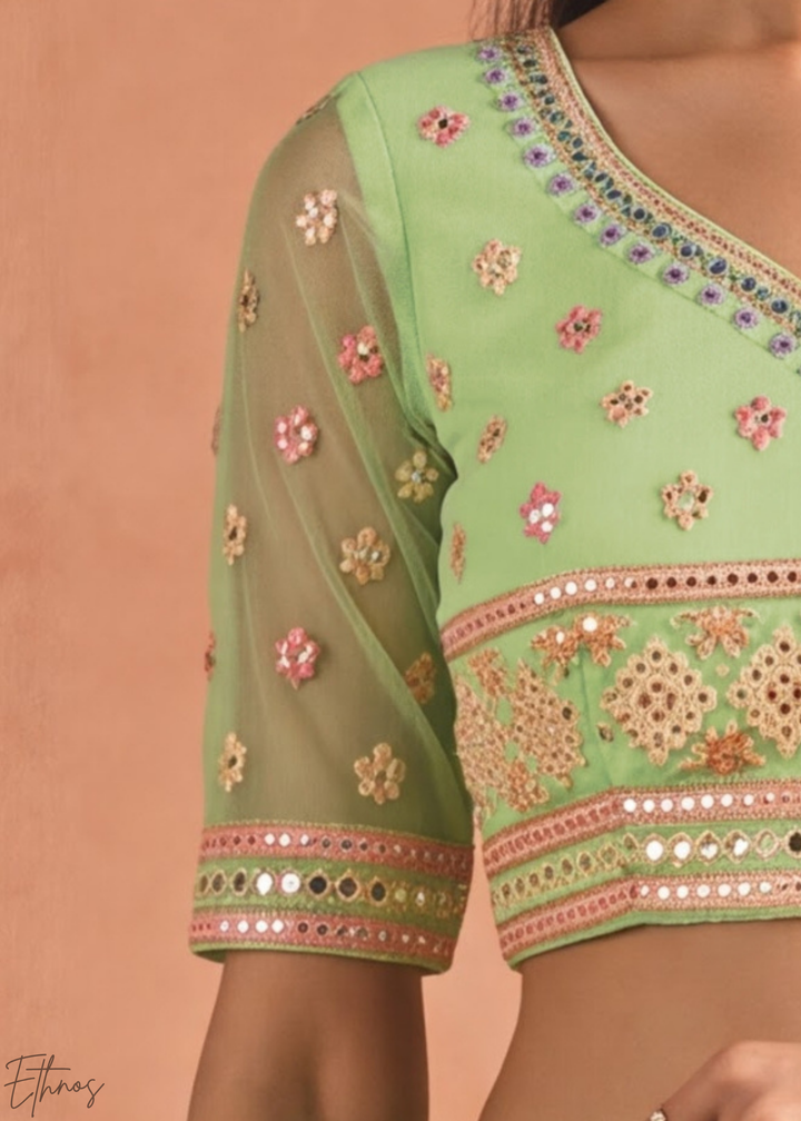 Pastel Green Scalloped Medallion Mirror Embellished Organza Lehenga Choli