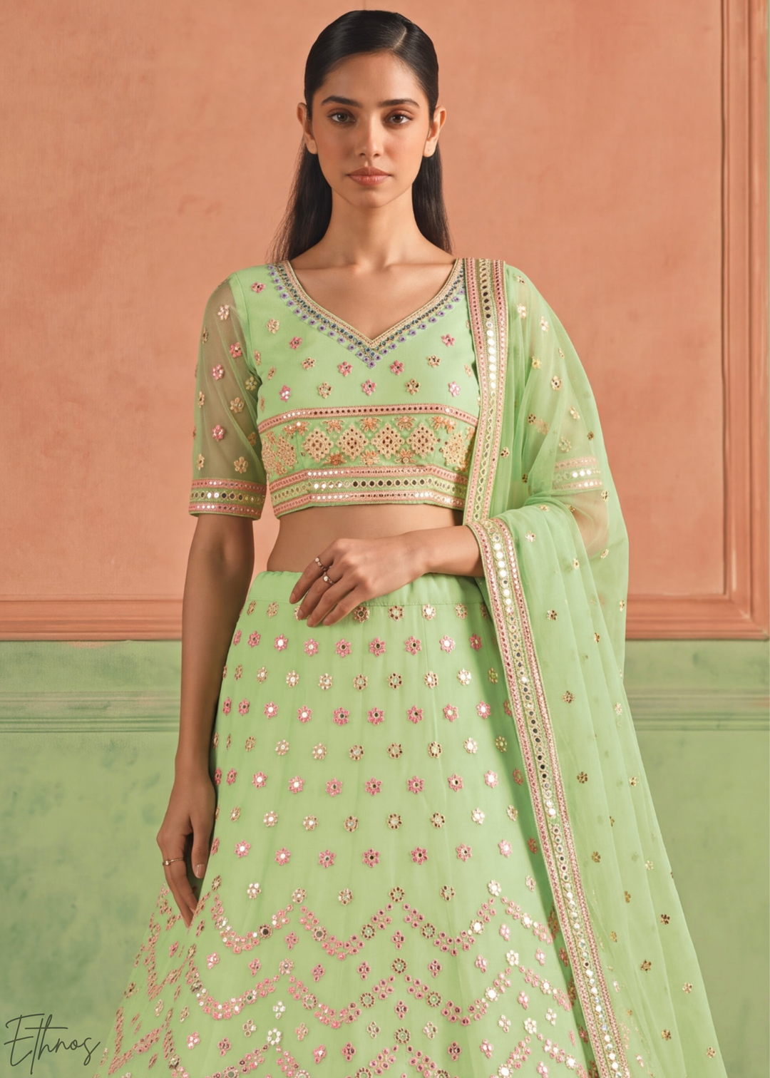 Pastel Green Scalloped Medallion Mirror Embellished Organza Lehenga Choli
