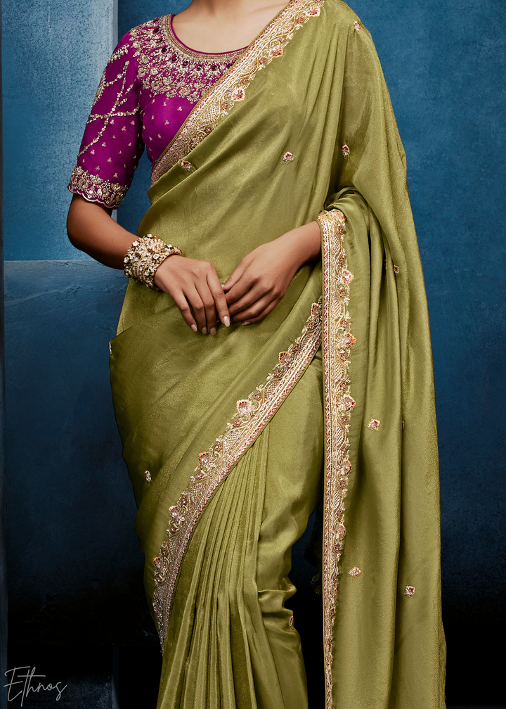 Desert Sage Tambour Embroidered Border Tissue Saree
