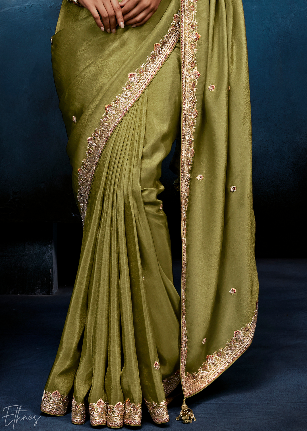 Desert Sage Tambour Embroidered Border Tissue Saree