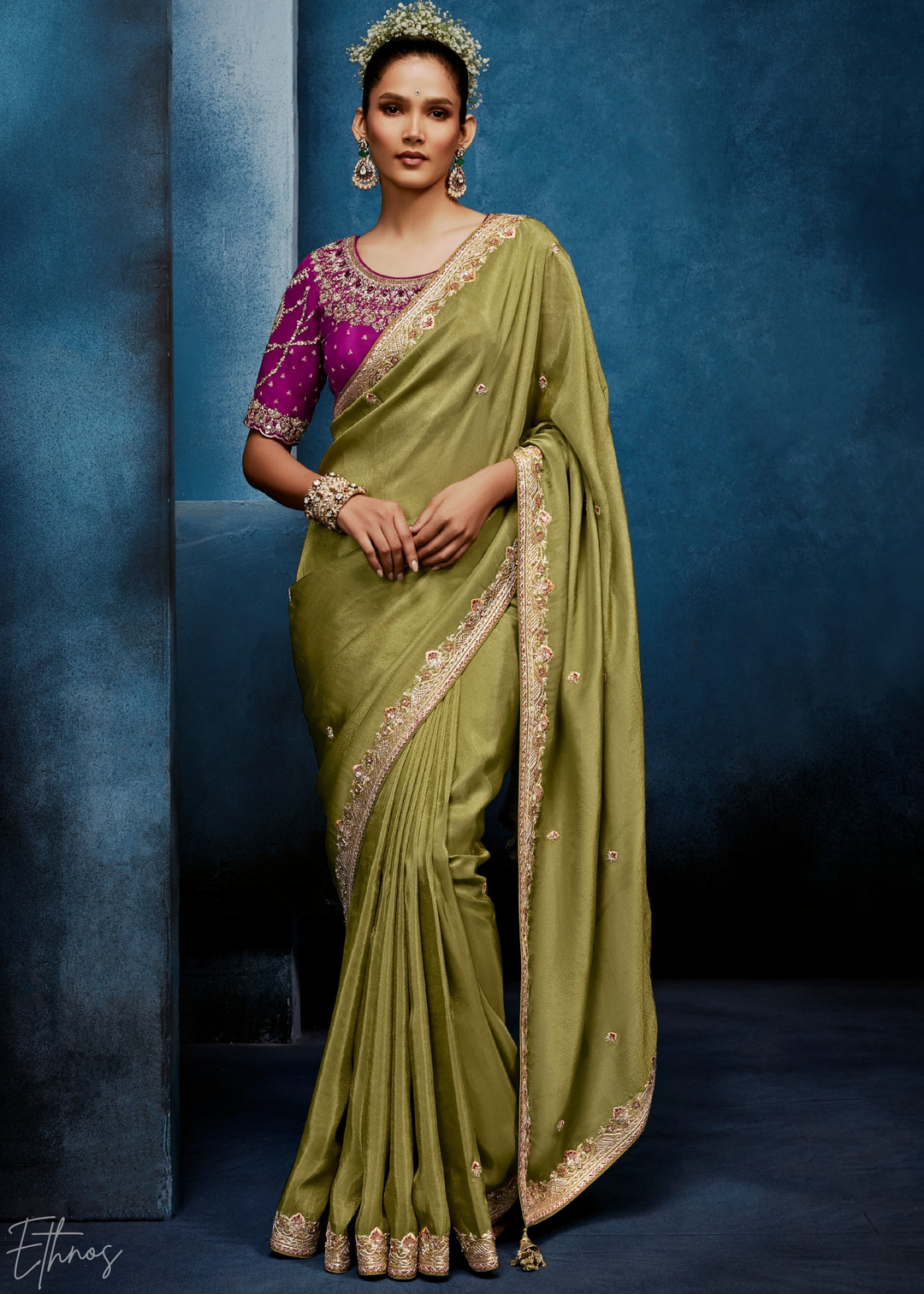 Desert Sage Tambour Embroidered Border Tissue Saree