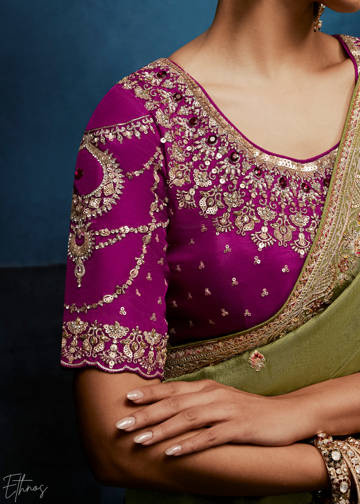 Desert Sage Tambour Embroidered Border Tissue Saree
