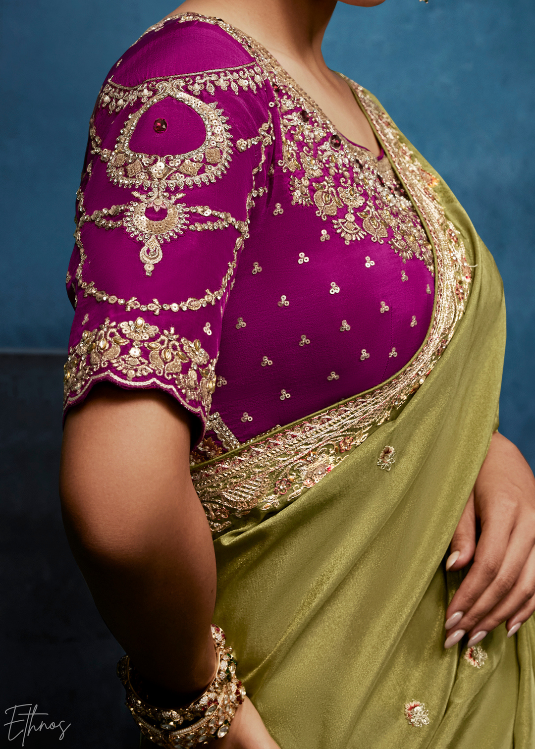 Desert Sage Tambour Embroidered Border Tissue Saree