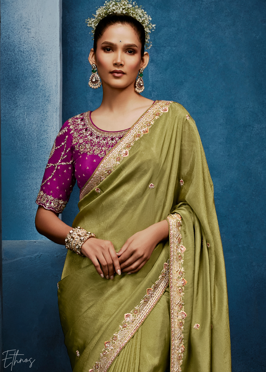 Desert Sage Tambour Embroidered Border Tissue Saree