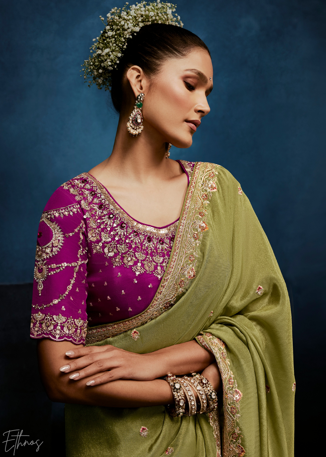 Desert Sage Tambour Embroidered Border Tissue Saree