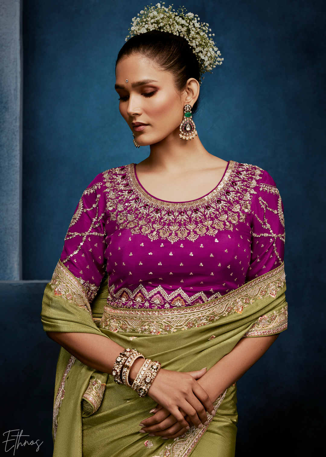 Desert Sage Tambour Embroidered Border Tissue Saree