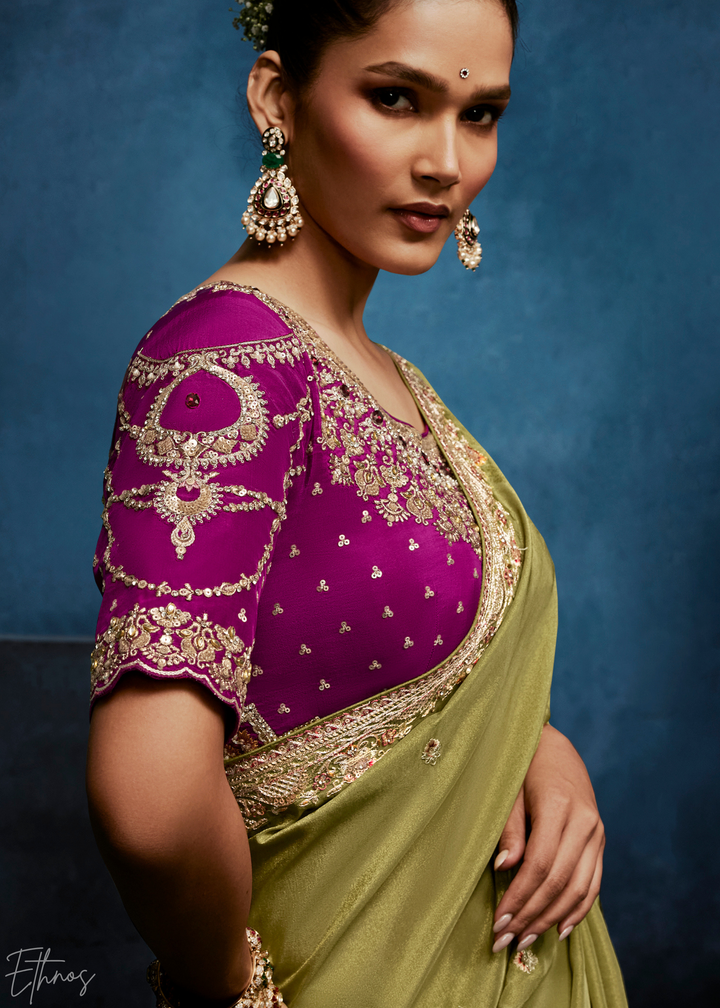 Desert Sage Tambour Embroidered Border Tissue Saree