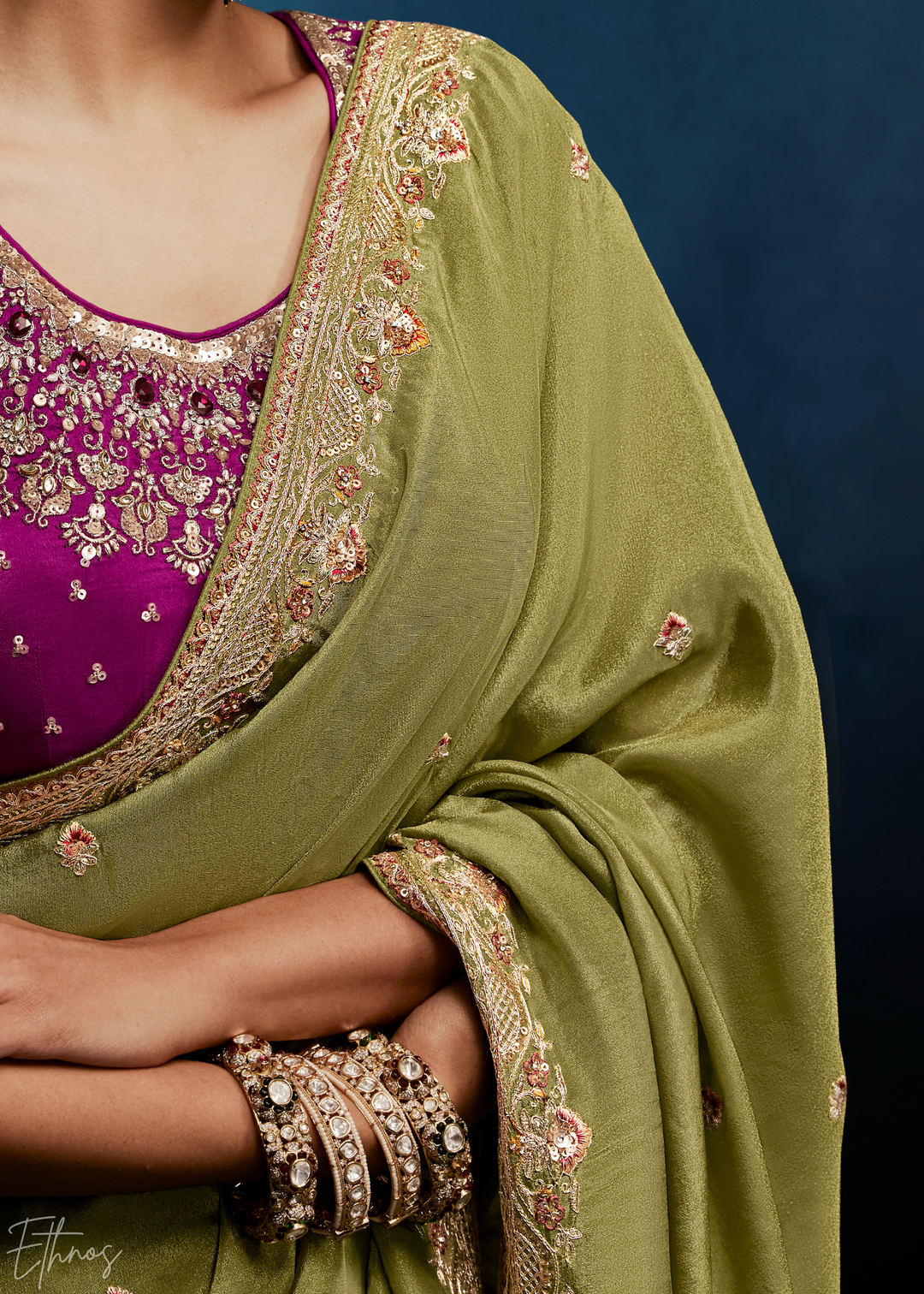 Desert Sage Tambour Embroidered Border Tissue Saree