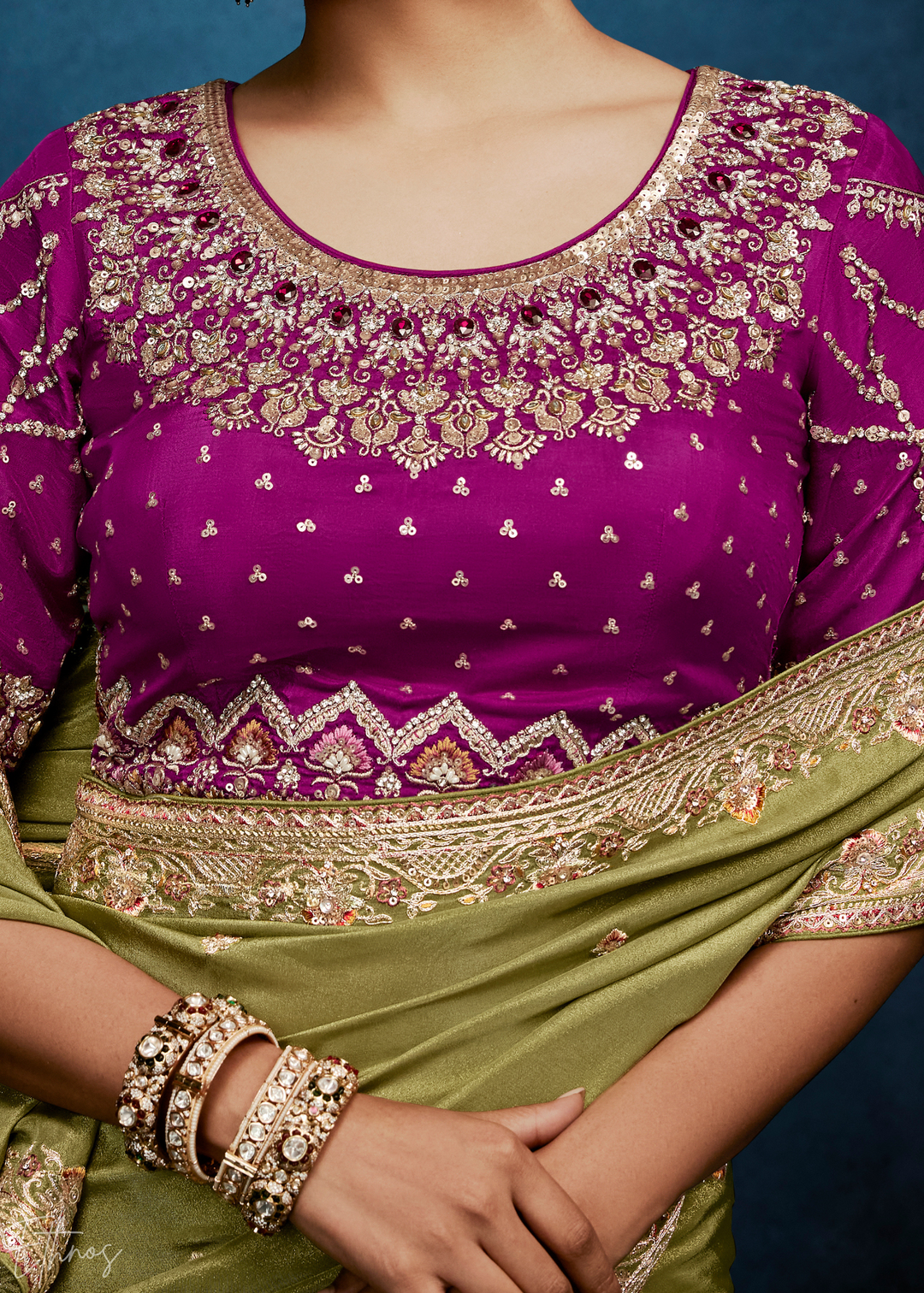 Desert Sage Tambour Embroidered Border Tissue Saree