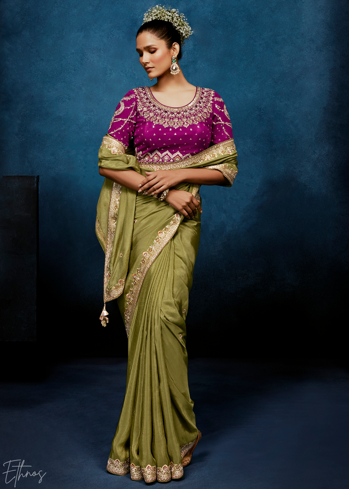 Desert Sage Tambour Embroidered Border Tissue Saree
