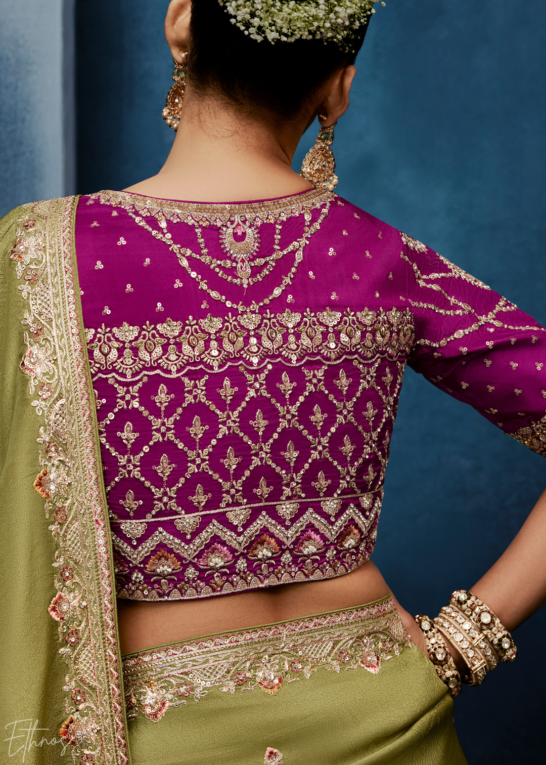 Desert Sage Tambour Embroidered Border Tissue Saree