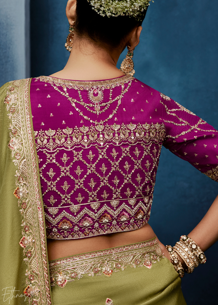 Desert Sage Tambour Embroidered Border Tissue Saree