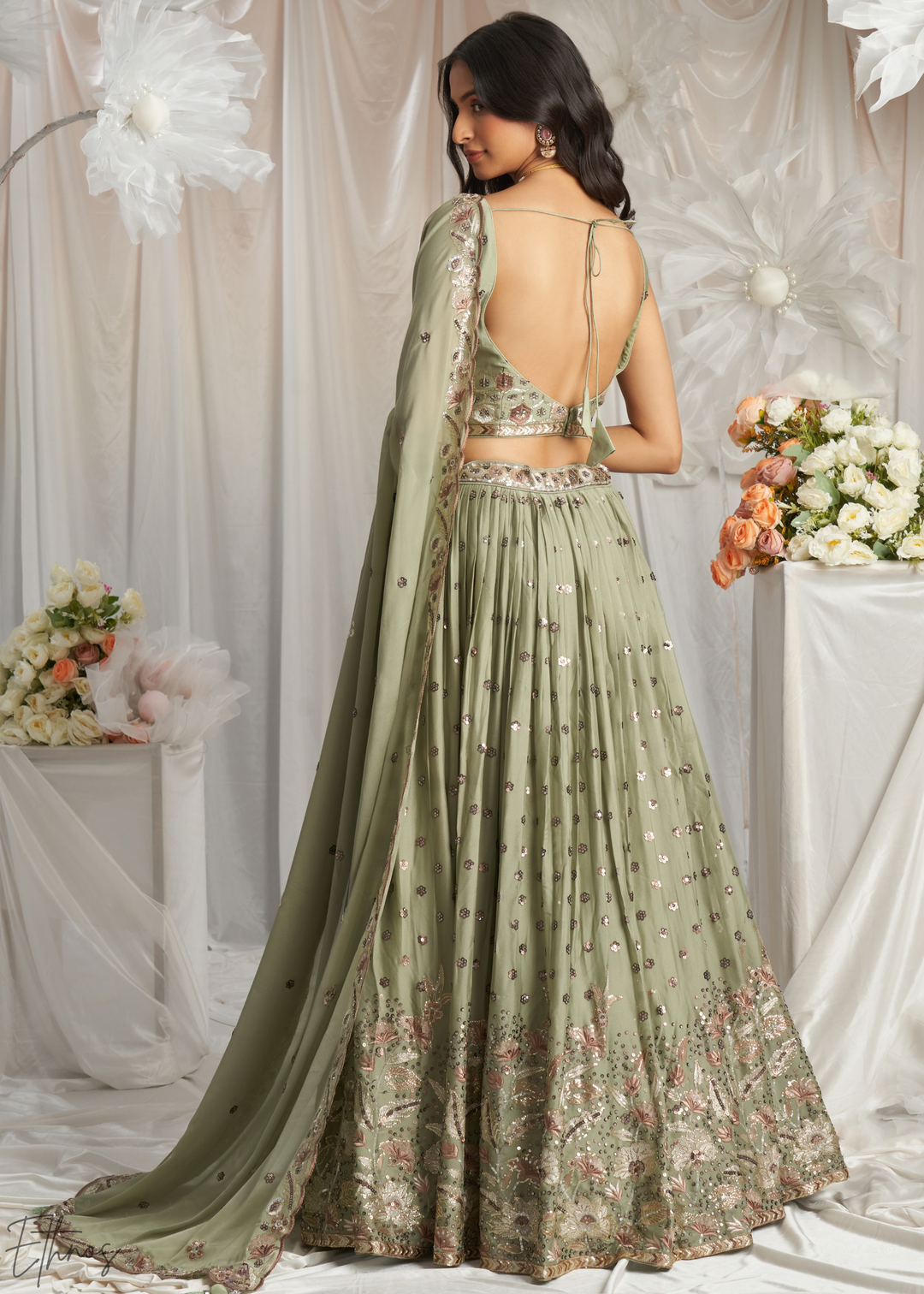 Desert Sage Whispering Vine Poly Georgette Lehenga
