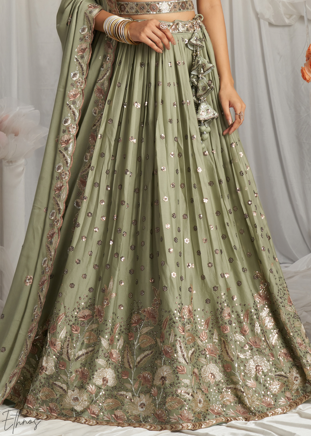 Desert Sage Whispering Vine Poly Georgette Lehenga