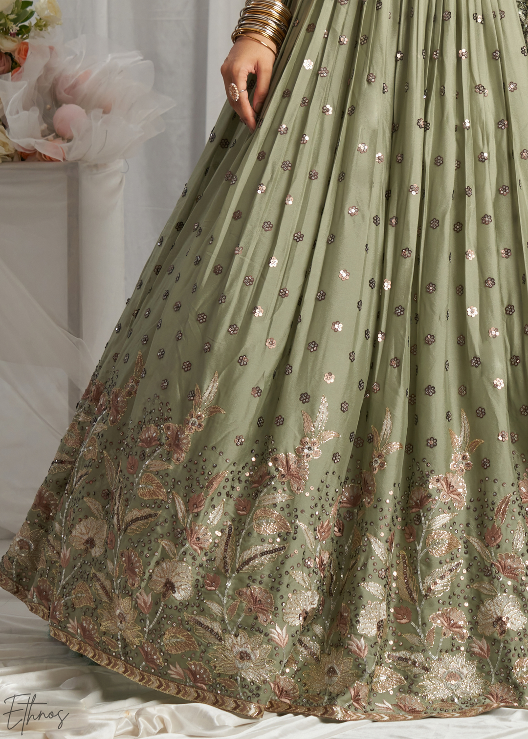 Desert Sage Whispering Vine Poly Georgette Lehenga