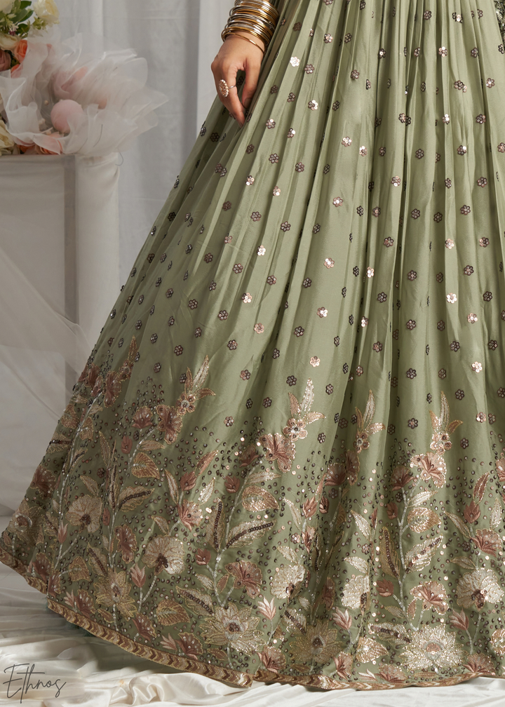 Desert Sage Whispering Vine Poly Georgette Lehenga