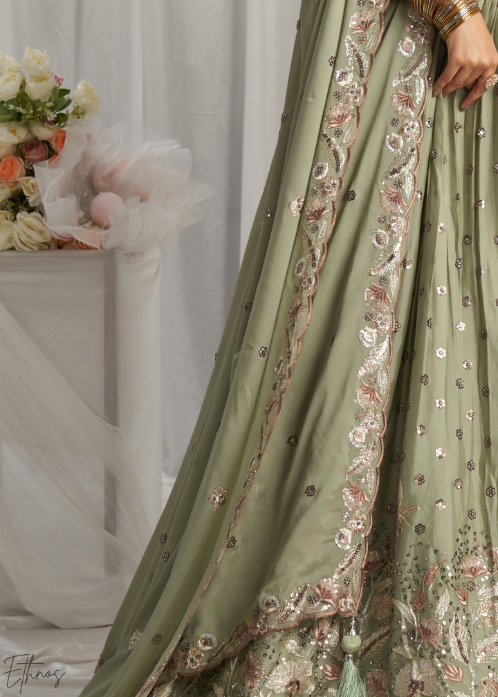 Desert Sage Whispering Vine Poly Georgette Lehenga