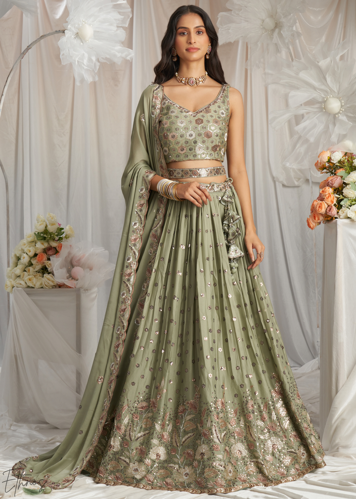 Desert Sage Whispering Vine Poly Georgette Lehenga