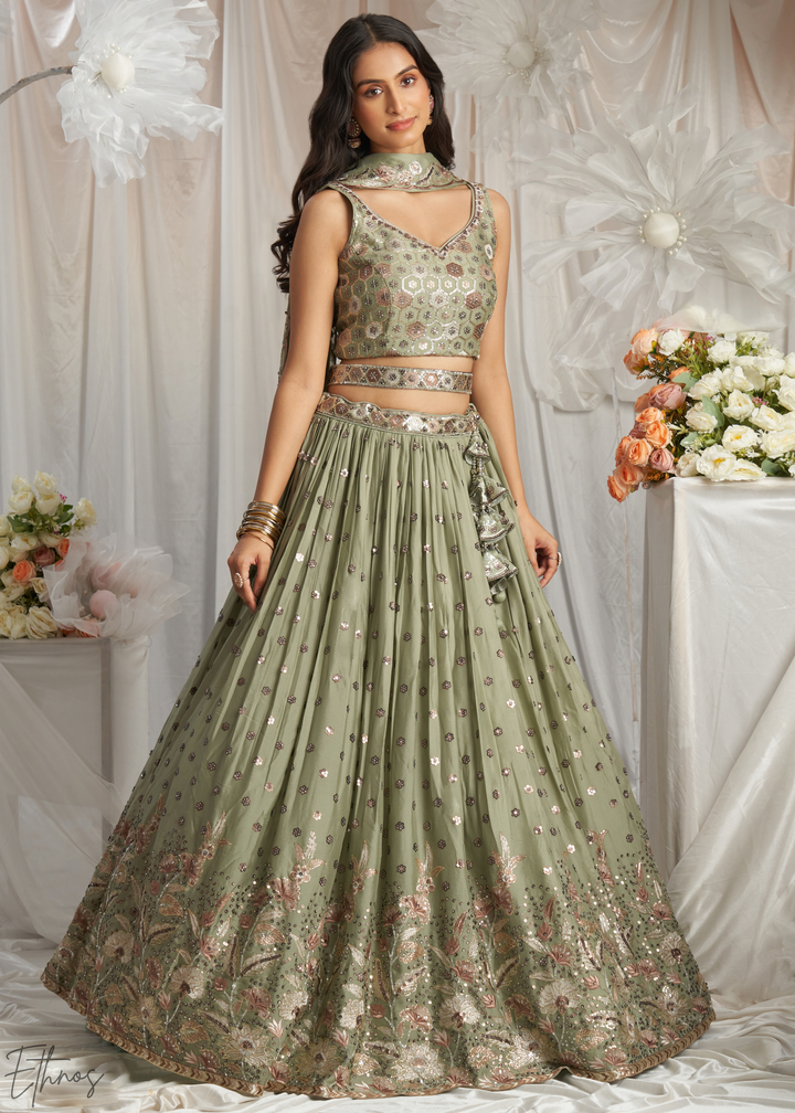 Desert Sage Whispering Vine Poly Georgette Lehenga