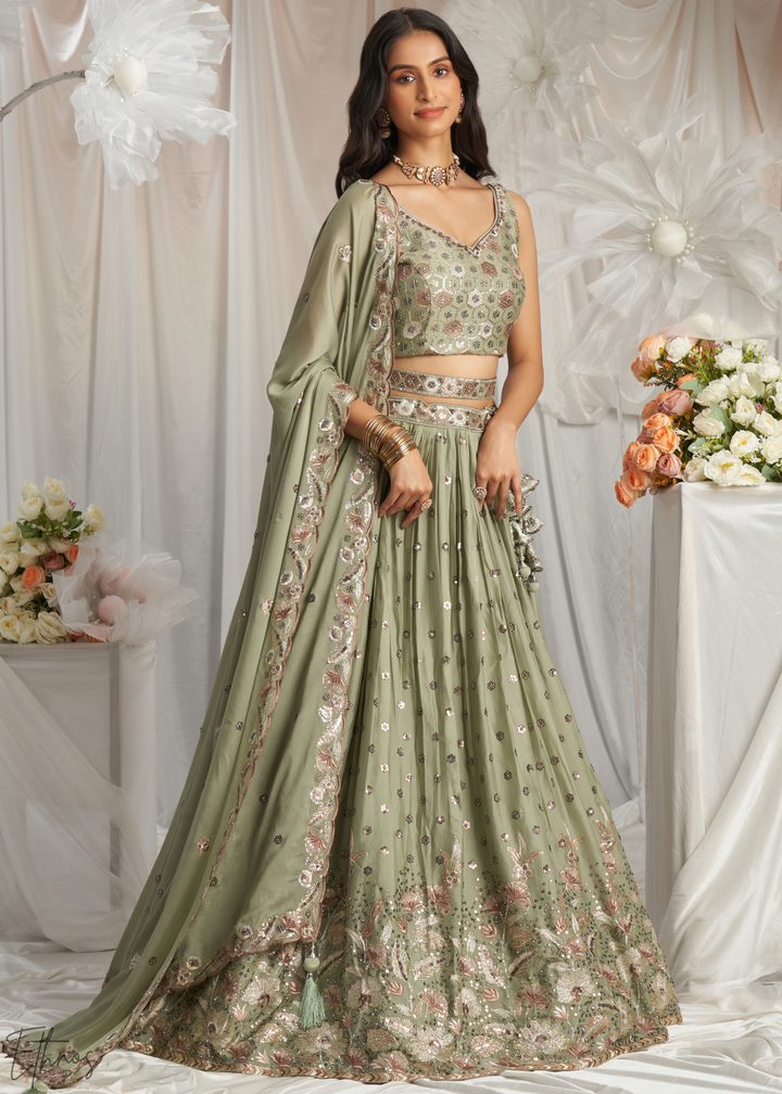 Desert Sage Whispering Vine Poly Georgette Lehenga