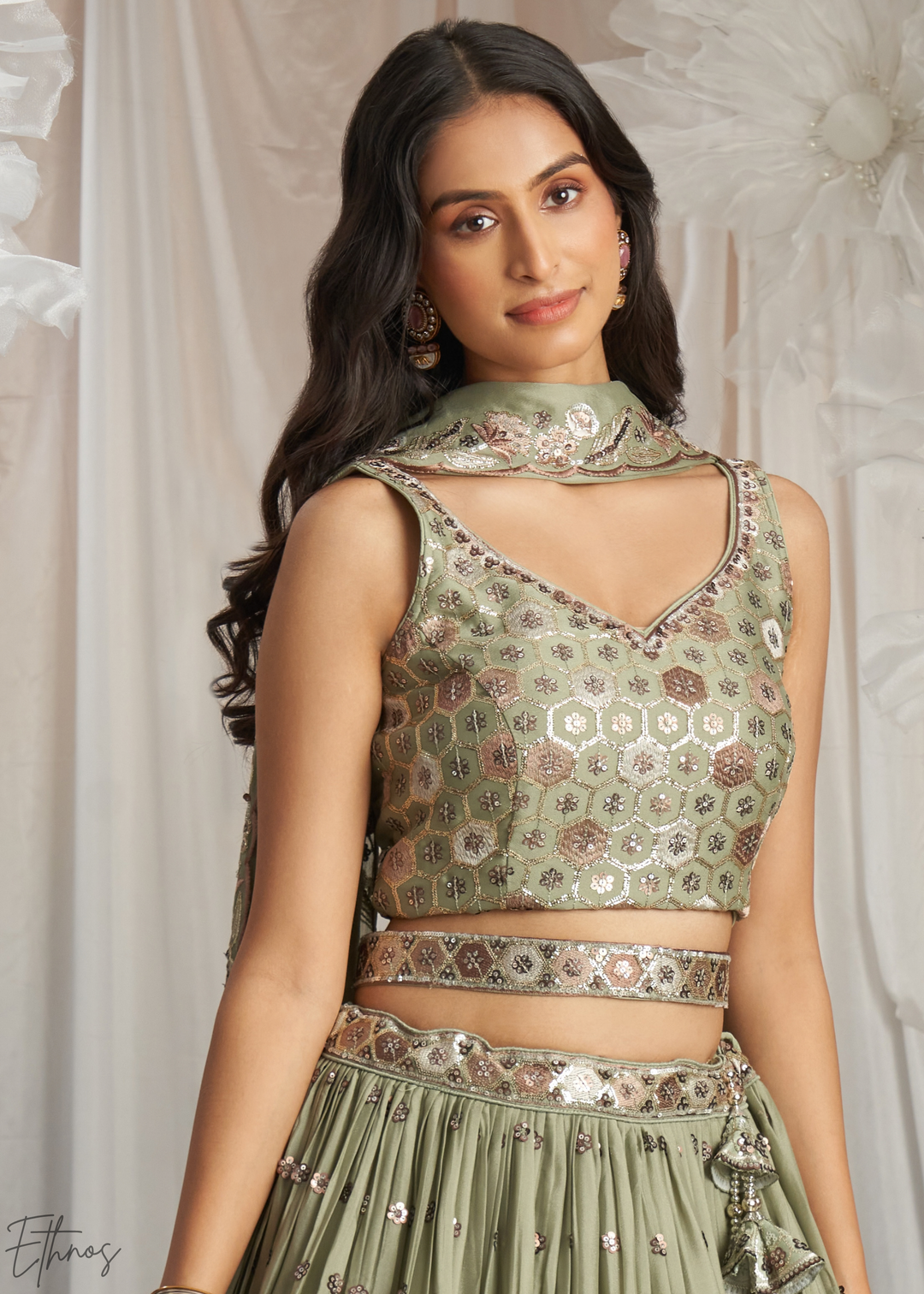 Desert Sage Whispering Vine Poly Georgette Lehenga