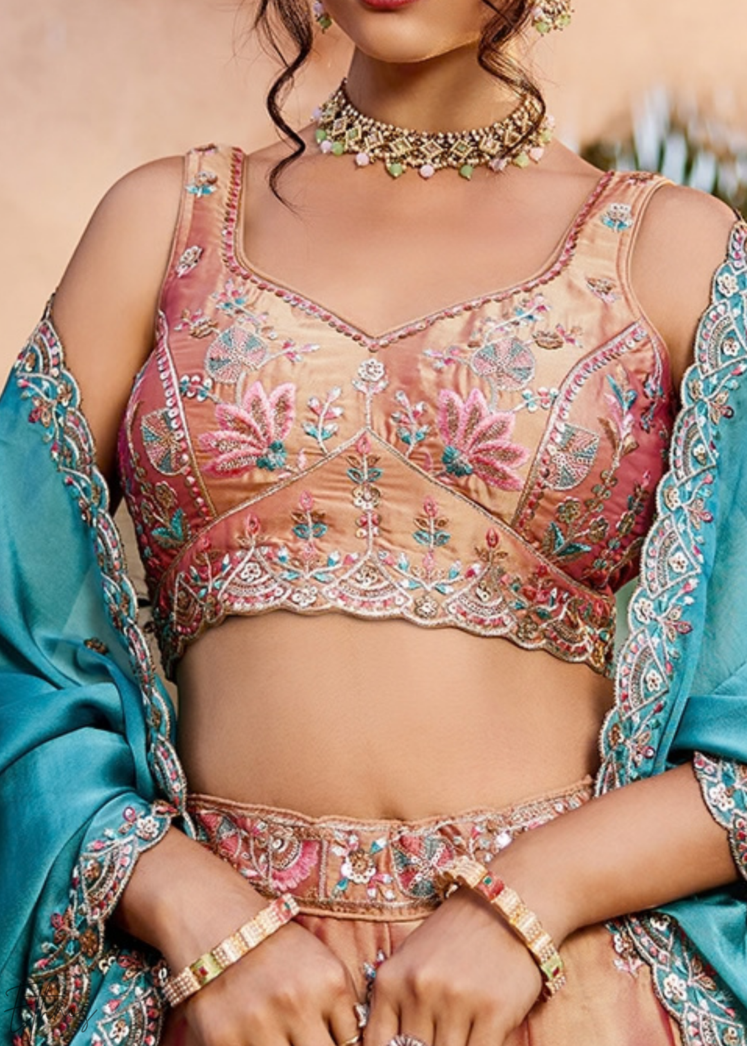 Desert Taupe Radiant Blossom Poly Georgette Lehenga
