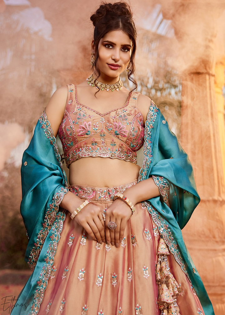 Desert Taupe Radiant Blossom Poly Georgette Lehenga