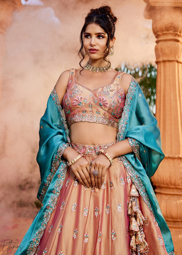 Desert Taupe Radiant Blossom Poly Georgette Lehenga