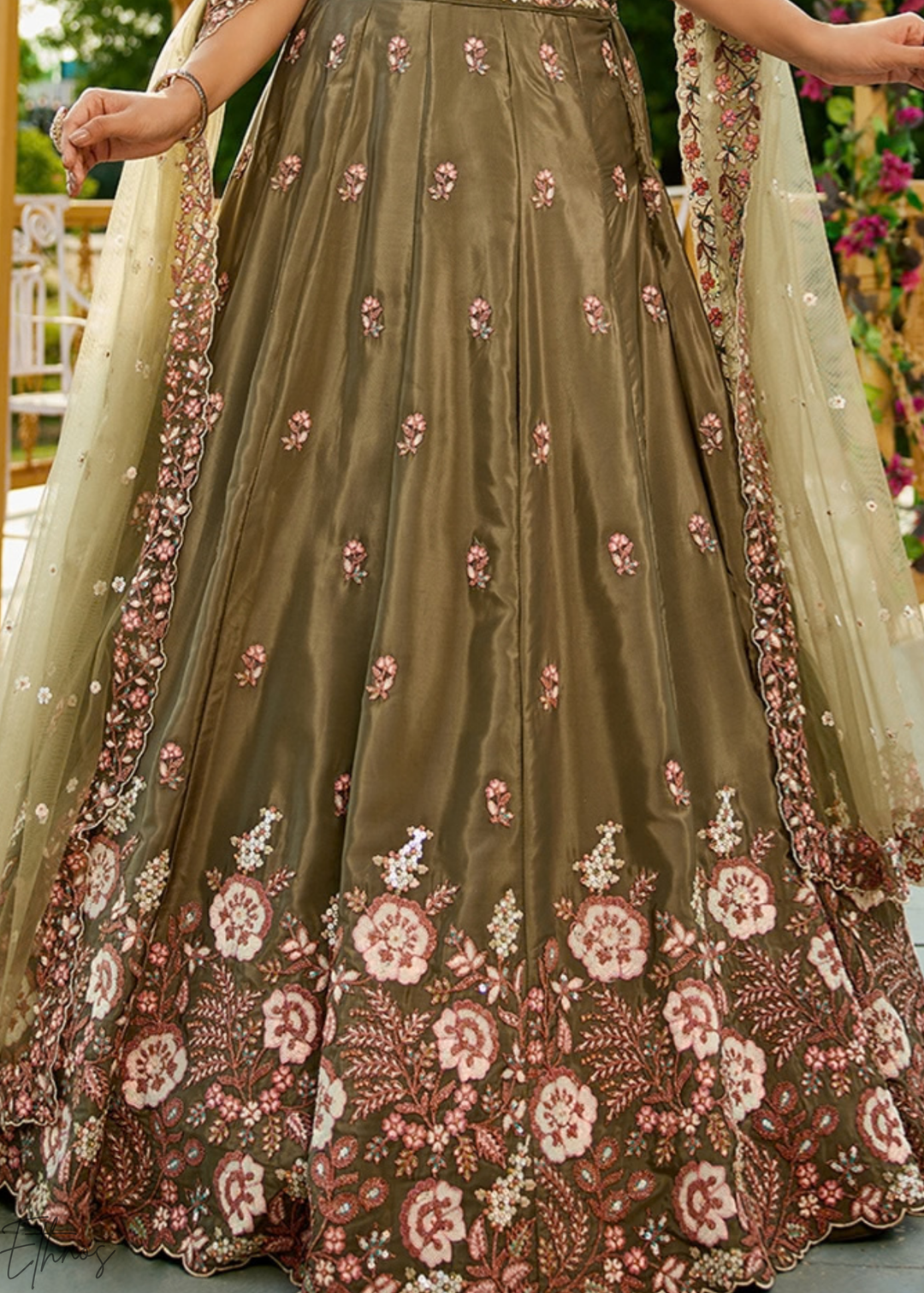 Desert Taupe Radiant Blossom Satin Lehenga
