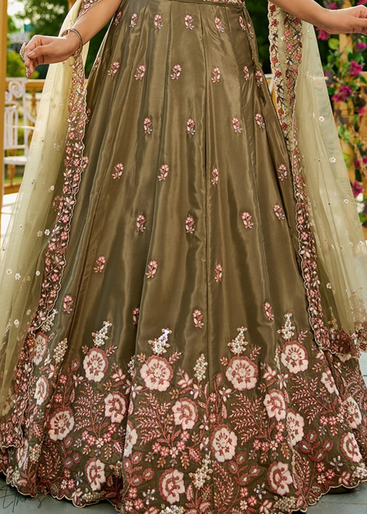 Desert Taupe Radiant Blossom Satin Lehenga