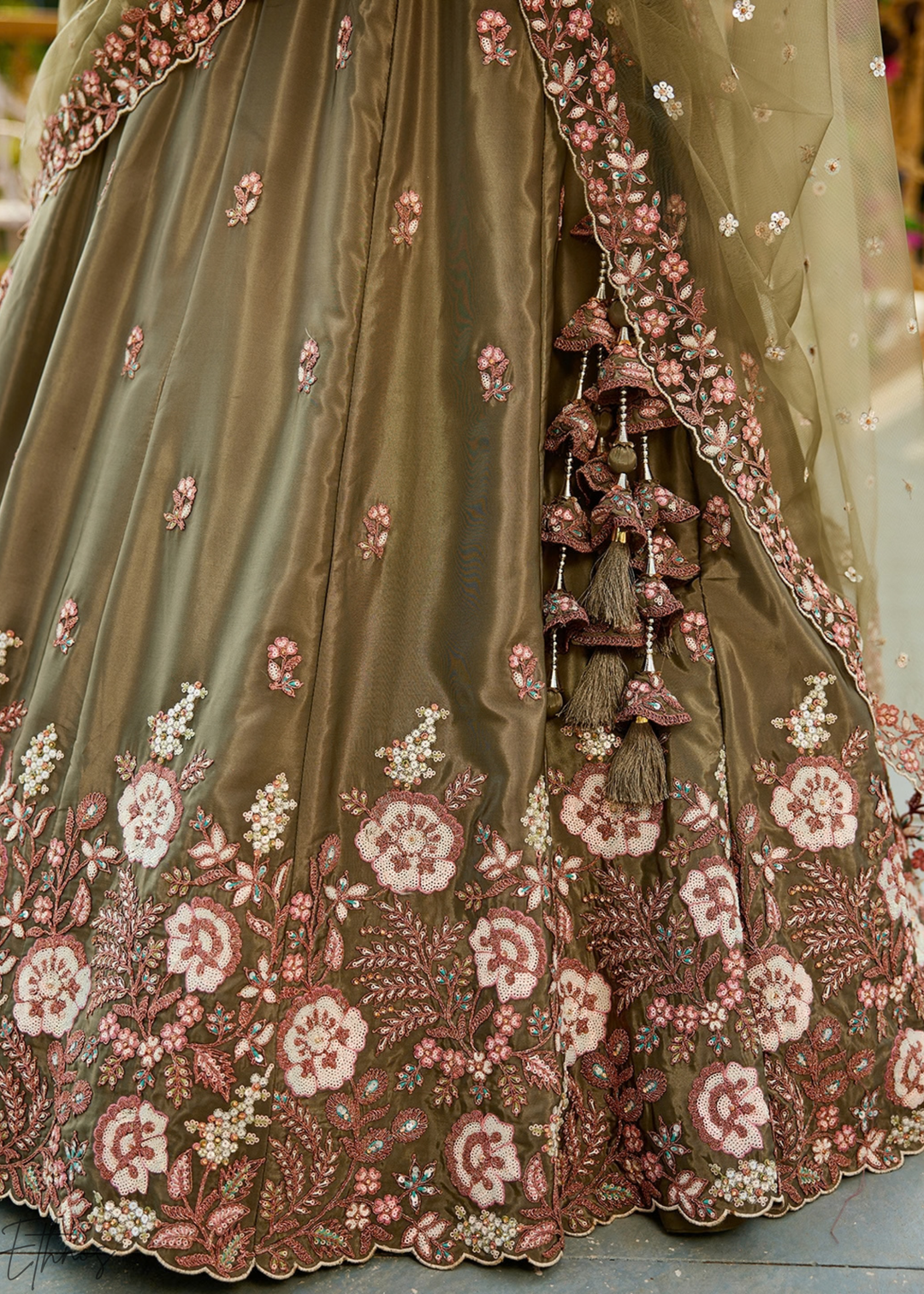 Desert Taupe Radiant Blossom Satin Lehenga