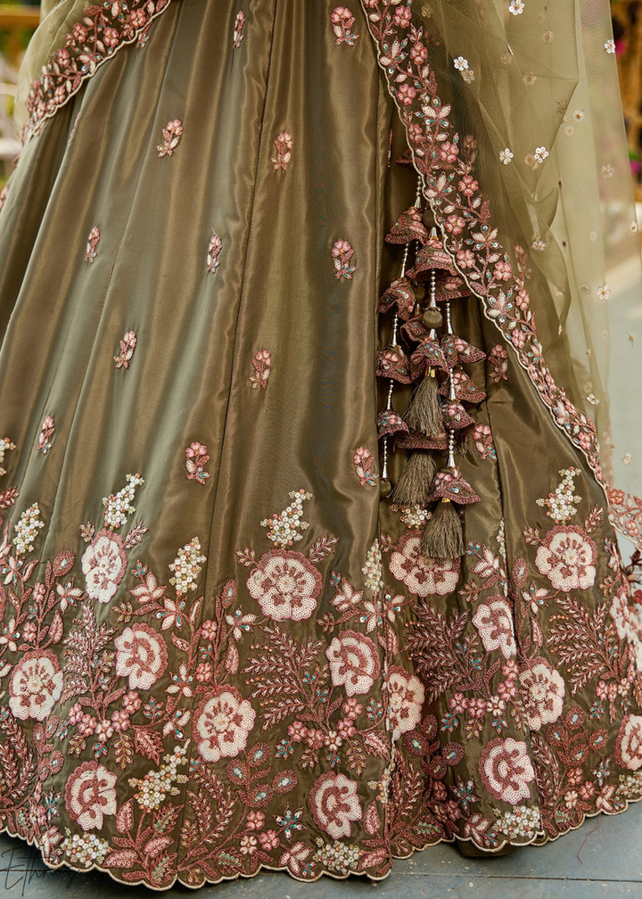 Desert Taupe Radiant Blossom Satin Lehenga