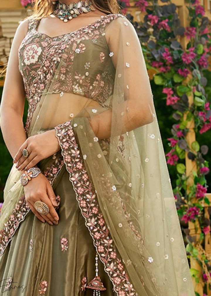 Desert Taupe Radiant Blossom Satin Lehenga