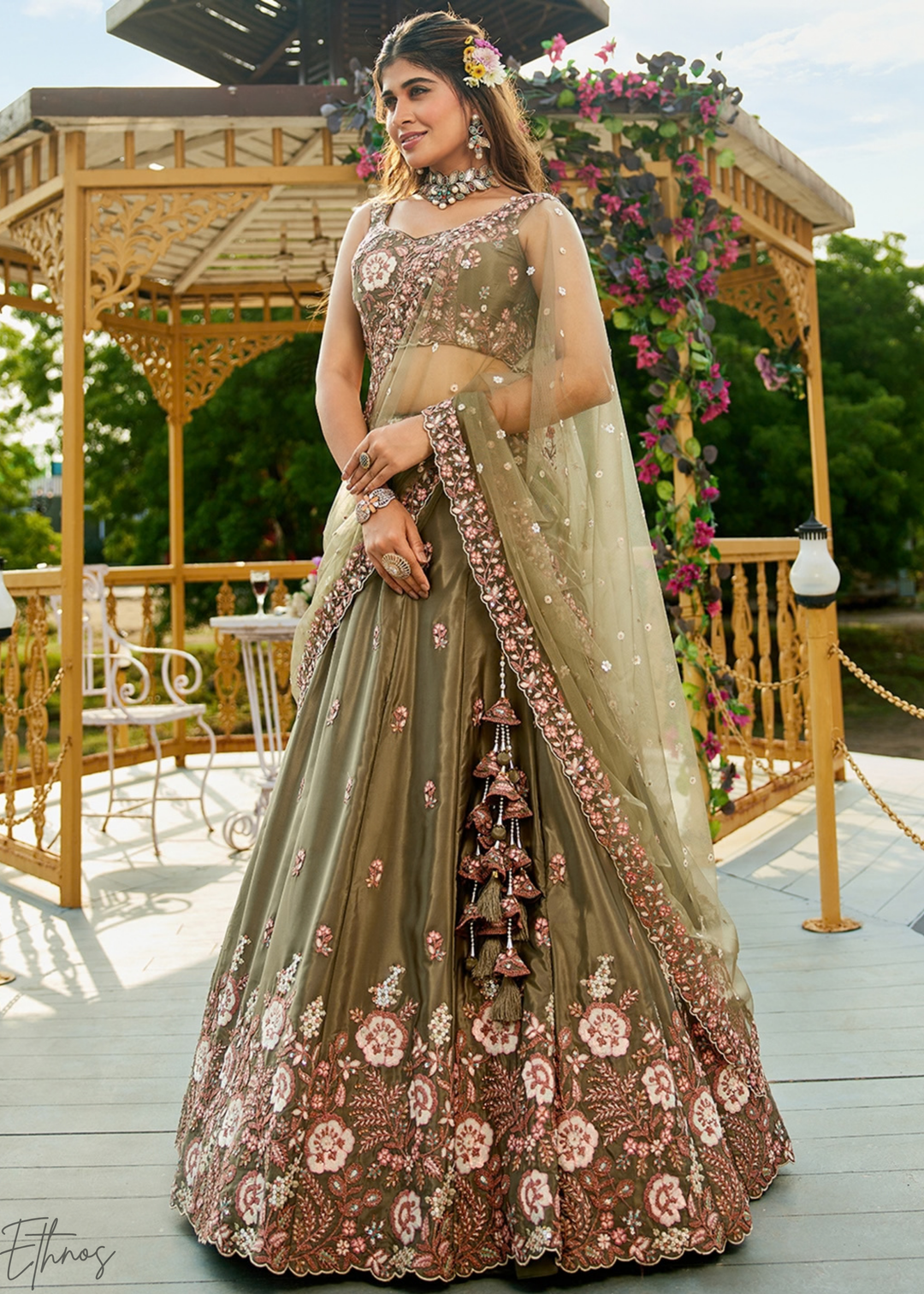 Desert Taupe Radiant Blossom Satin Lehenga