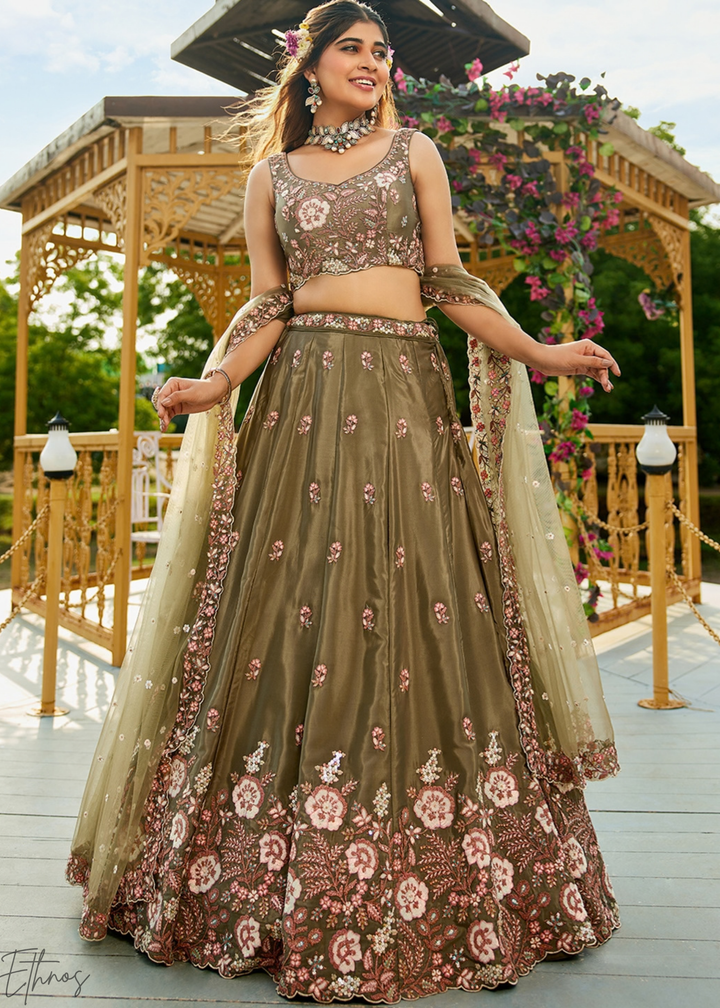 Desert Taupe Radiant Blossom Satin Lehenga