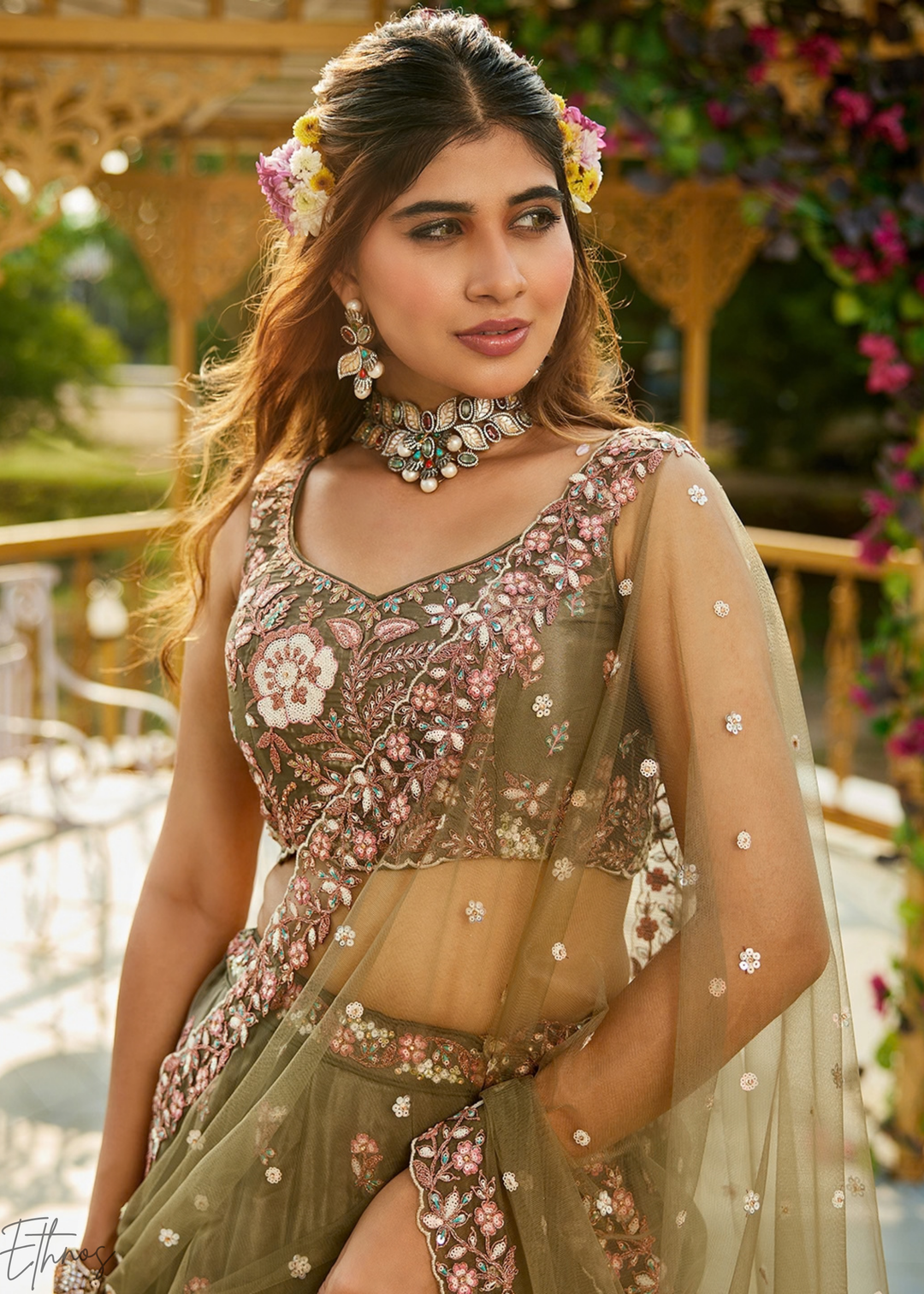 Desert Taupe Radiant Blossom Satin Lehenga
