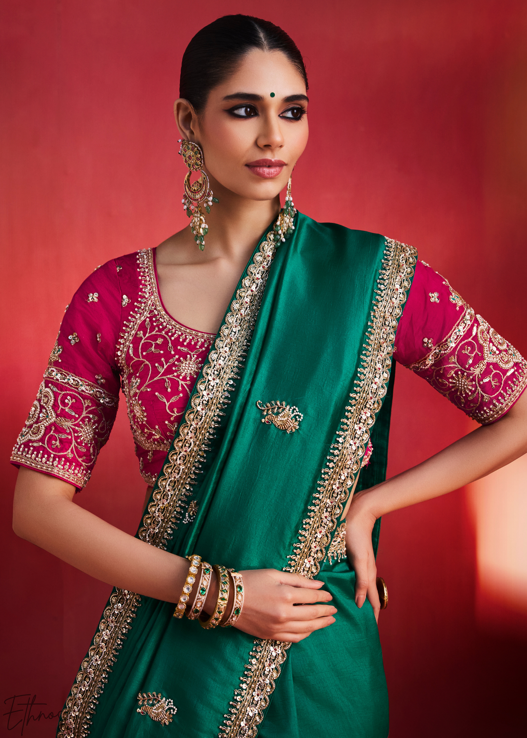 Desert Emerald Paisley Trim Border Soft Silk Saree