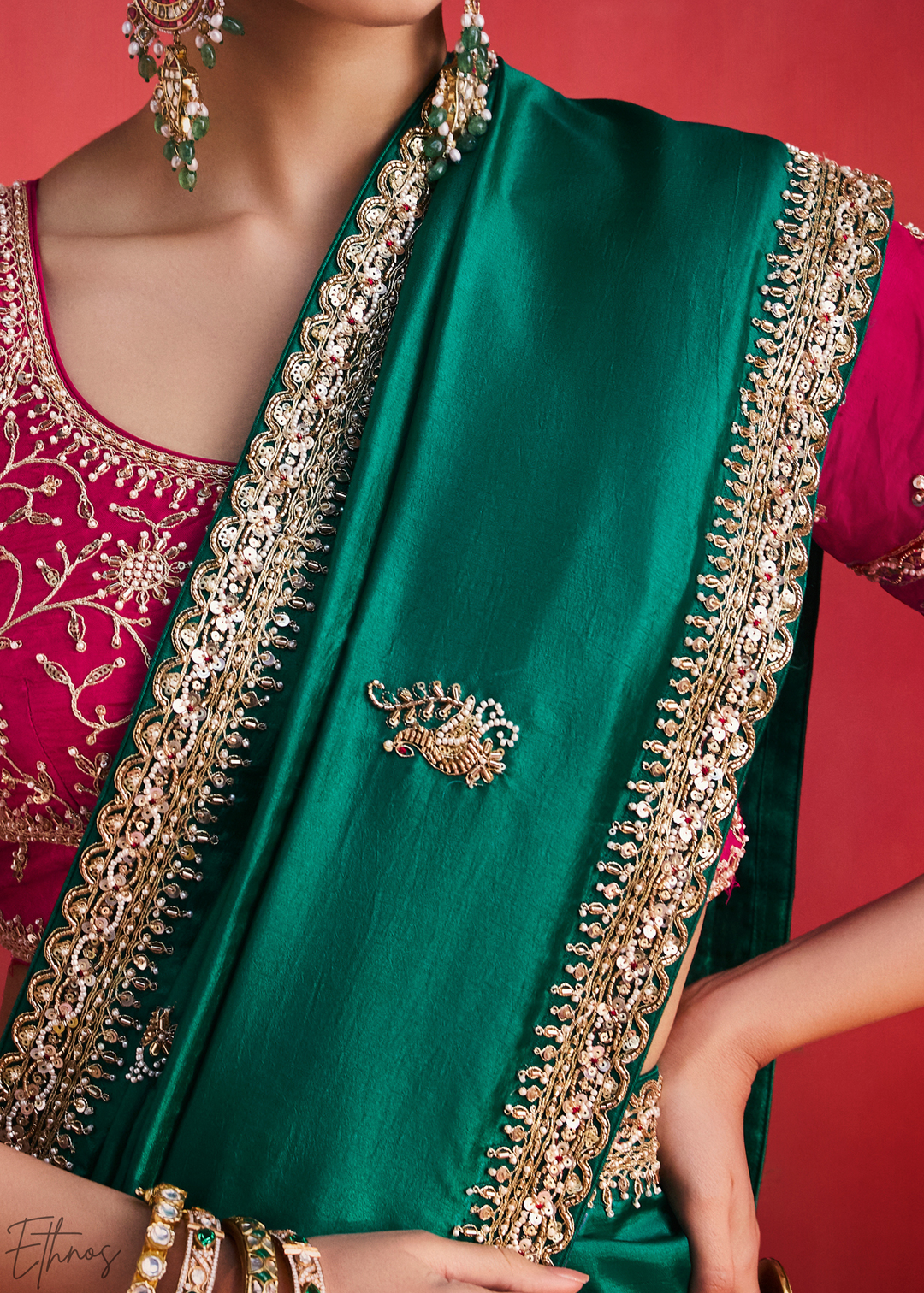 Desert Emerald Paisley Trim Border Soft Silk Saree