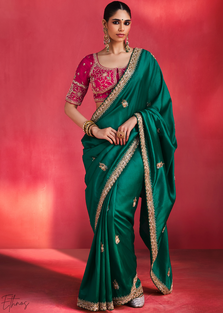 Desert Emerald Paisley Trim Border Soft Silk Saree